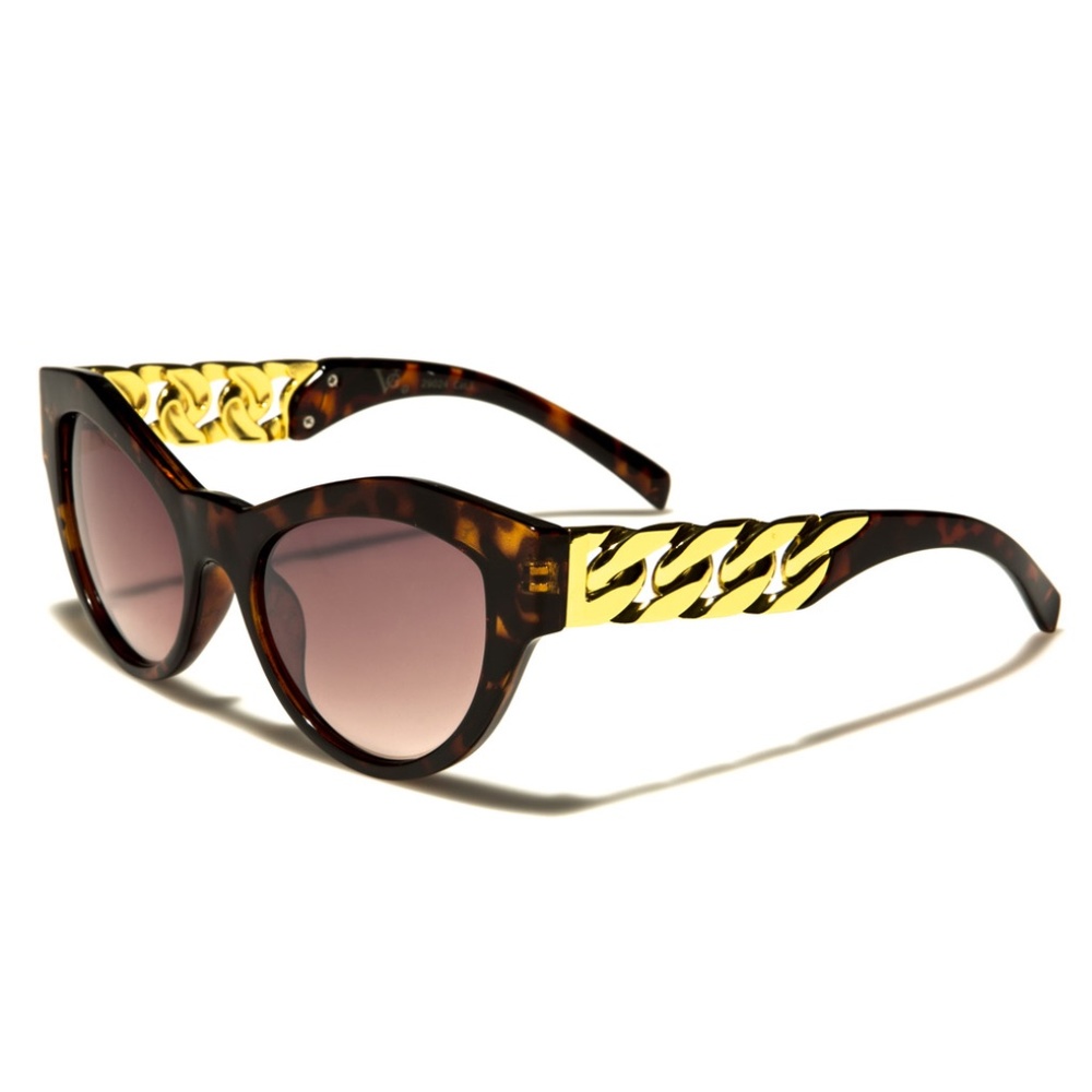 Oversize Cat Eye Chain Temple Sunglasses Brown Gold